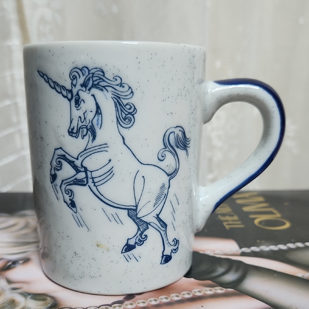Vintage White & Blue Speckled Unicorn Ceramic Coffee Tea Mug
